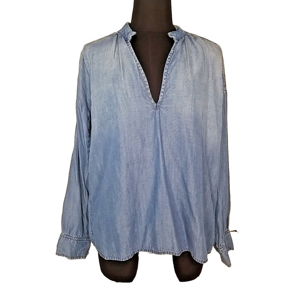 Anthro, Cloth & Stone Chambray Blue Tencel Blouson Sleeve Popover Top Small  T36